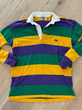 Perlis Kids' Mardi Gras Rugby Shirt - Green, Purple & Yellow Stripe